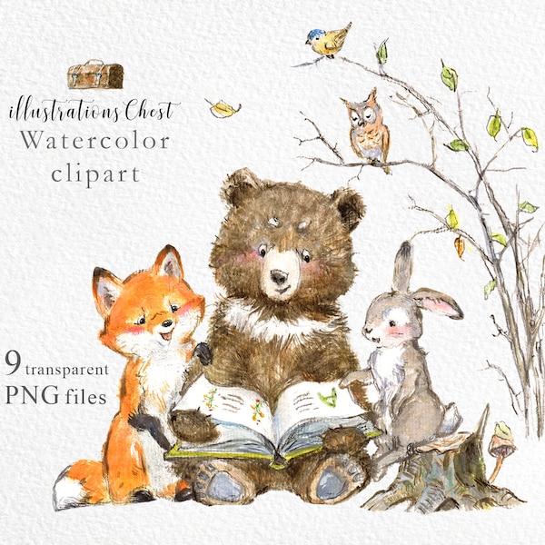 Reading Animals Clipart, Woodland Nursery Art, Bear Clipart Nursery Art, Watercolor Animals Clipart, Forest Fox png, Bunny png, Bear png