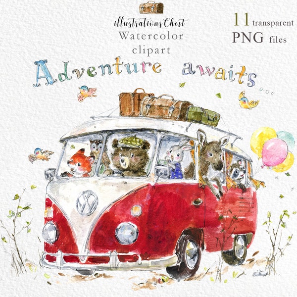 Whimsical travel Clipart - Watercolor woodland Animals travelers clipart - drawing with a retro volkswagen minibus