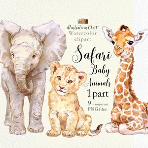 Safari. Belle girafe, lion, éléphant zoo clipart aquarelle, illustrations d'animaux de la jungle clip art, décoration de chambre d'enfant, impression de chambre d'enfant