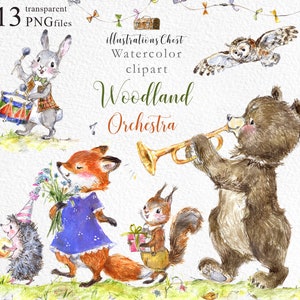 Musical orchestra animals clipart - Cute Woodland orchestra - Woodland Baby animals musicians clipart Musicians Forest animals Baby shower
