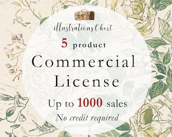 Puede incluir: Un círculo blanco sobre un fondo floral. El círculo contiene el texto "illustrations Chest", "5 product", "Commercial License", "Up to 1000 sales", y "No credit required".