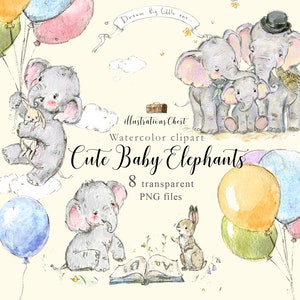 Clipart de elefantes bebês voadores, arte de parede do berçário da família de elefantes, elefante bebê voando em balões, chá de bebê, clipart de elefante lendo