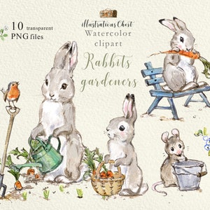 Coelhinho fofo no jardim Clipart. Família amigável de clipart de animais em aquarela de coelho, Coelho - Coelho, Arte de berçário, Chá de bebê da floresta