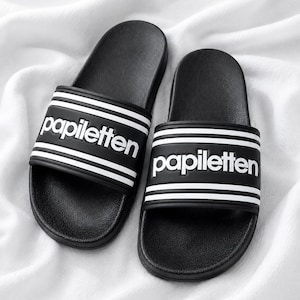 Papiletten Badeschlappen für Papa | Geschenk zur Babyparty, Geburt oder Vatertag | Schwarze Slides für werdende Väter