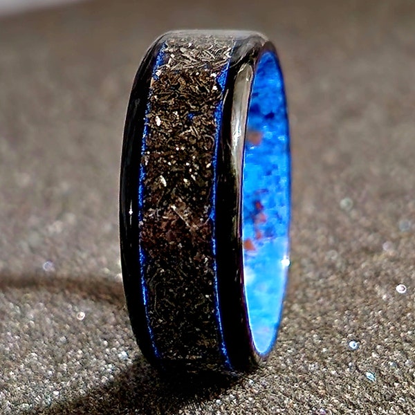 Marbled carbon fiber band, Michael Schumachers 2001 championship titanium valve shavings inlay, blue glow, ect