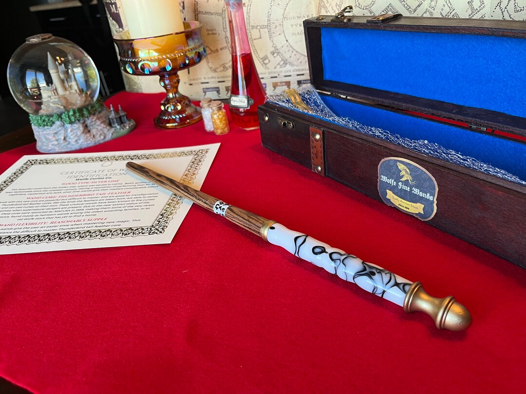 Zebrawood Wand With Black and White Marble Resin Handle and Thunderbird