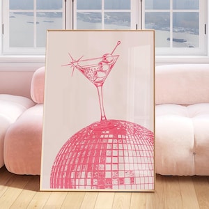 Retro Dirty Martini Wall Art | Disco Ball Print | Pink Yappy Hour Print | Trendy Bar Cart Poster | Hot Pink Vintage Cocktail Art Print