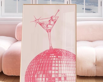 Retro Dirty Martini Wall Art | Disco Ball Print | Pink Yappy Hour Print | Trendy Bar Cart Poster | Hot Pink Vintage Cocktail Art Print