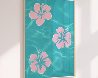 Pink Hibiscus Wall Art, Tropical Coastal Print, Summer Beach House Decor, Turquoise Pool Art, Hawaiian Flower Poster, Pink Coastal Wall Art