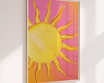 Pink Orange Sun Wall Art, Coastal Summer Decor, Sunset Aesthetic Print, Tropical Beach House Art, Modern Colorful Wall Decor