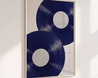 Navy Blue Retro Vintage Vinyls Trendy Stylish Music Print Office Decor Aesthetic Apartment Disco and House Wall Art Black and White