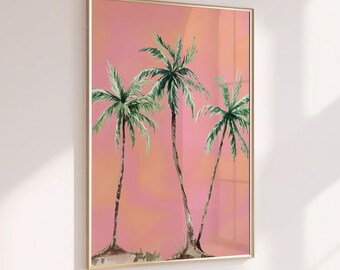 Preppy Summer Palm Trees Print, Girly Coastal Beachy Wall Decor, Palm Springs Wall Art, California Poster, Pink Watercolor Coastal Art