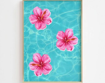 Pink Hibiscus Wall Art, Tropical Coastal Print, Summer Beach House Decor, Turquoise Pool Art, Hawaiian Flower Poster, Girly Coastal Wall Art