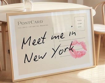 Meet Me in New York Print, NYC Wall Art Poster, Vintage Post Card Poster, Trendy Horizontal Print, Cool Girl Wall Art, Digital Download