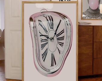 Trendy Retro Melting Clock Pink Black and White Fashion Stylish Prints Decor Office Aesthetic Cool Girly Wall Art Stockholm Style Room Decor