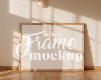 Horizontal Frame Mockup, 5x7 Ratio Landscape Art Print Mockup, Wooden Frame Poster Mockup, Minimal Mockup, Wallart Mockup, PSD Template