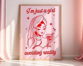 I'm Just a Girl Poster, Pink Red Girly Print, Retro Wall Art Hot Pink, Trendy Preppy Room Decor, Vintage Print, That Girl Aesthetic Dorm