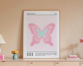 Angel Number 1111, Gradient Butterfly Pink Wall Art, Spiritual