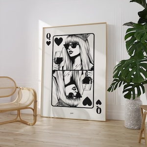Taylor Queen Of Hearts Poster | B&W Queen Of Hearts Print | Preppy WallArt | Bar Cart Print | Trendy WallArt | Wall Decore