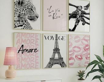 Stockholm Style Fashion Gallery Wall Set of 6 Black and White Leopard Photography Trendy Fashion Prints Pink Aesthetic Girly Dorm Wall Art