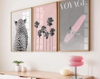 Set of 3 Wall Art Prints Leopard Print, Pink Palm Tree Art, Coastal Surf Poster, Summer Aesthetic Wall Decor, Girly Gallery Wall, Digital