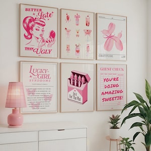 Pink Girly Print Set of 6, Soft Girl Poster Bundle, Retro Wall Art Hot Pink, Trendy Gallery Wall Set, Coquette Room Decor, Aesthetic Prints