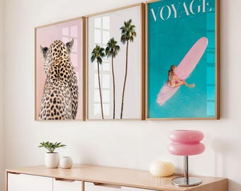 Preppy Summer Gallery Wall Art Set of 3, Leopard Print, Palm Trees Print, Surf Girl Magazine Poster, Coastal Aesthetic Beachy Wall Decor
