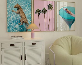 Trendy Summer Gallery Wall Art Set of 3, Leopard Print, Palm Trees Print, Surf Girl Cocktail Poster, Coastal Aesthetic Beachy Wall Decor