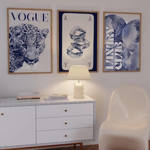 Navy Blue Leopard Gallery Wall Art Set of 3 Trendy Fashion Stylish Prints Decor Office Aesthetic Cool Wall Art Fashion Magazine Luxury Club