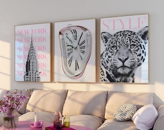 Set of 3 Pink Leopard Wall Art Black and White Gallery Trendy Fashion Stylish Prints Decor Office Aesthetic Girly Wall Art Fashion Magazine