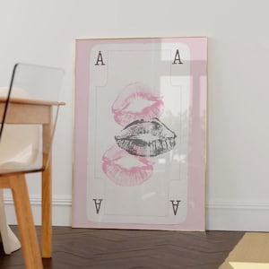 Kiss Lips Wall Art Pink Black and White Playing Card Trendy Fashion Stylish Print Office Decor Aesthetic Girly Apartment Fashion Retro Lips