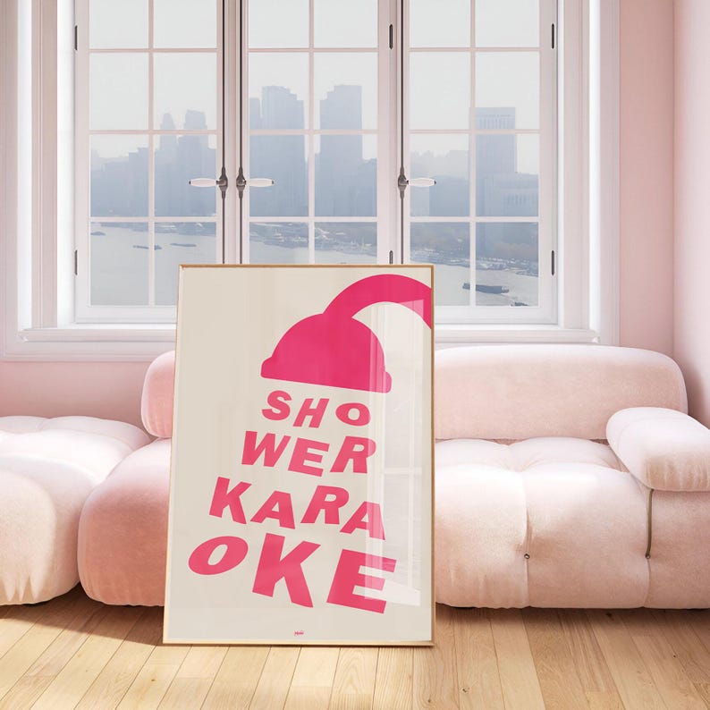 Shower Karaoke Bathroom Print Retro Hot Pink Wall Art Trendy Preppy