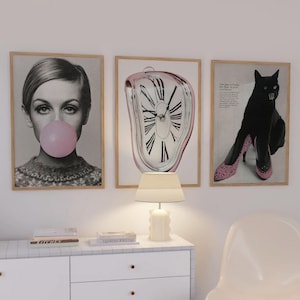 Trendy Retro Pink Black and White Set of 3 Gallery Wall Fashion Stylish Prints Decor Office Aesthetic Cool Girly Wall Art Fashion Magazine