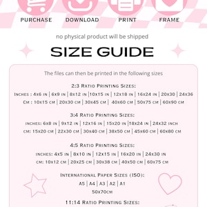 May include: Pink and white size guide graphic with icons for purchase, download, print, and frame. Text includes size options in inches and centimeters for 2:3, 3:4, 4:5 ratios, international paper sizes, and 11x14 inch.