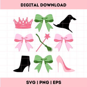 May include: A set of nine digital clipart images featuring a pink crown, green bows, pink bows, a black witch's hat, a black boot, a pink high heel, and a wand and broom.
