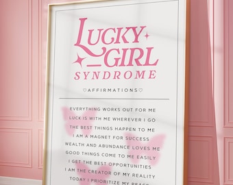 Lucky Girl Syndrome Daily Affirmations Print, Gradient Aura Pink Wall Art, Spiritual Poster, Trendy Preppy Wall Decor, Girly Glam Apartment