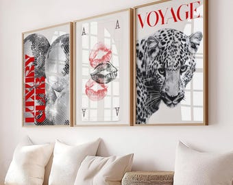 Red Leopard Wall Art Set Black and White Gallery 3 Trendy Fashion Stylish Prints Decor Office Aesthetic Girly Wall Art Fashion Magazine