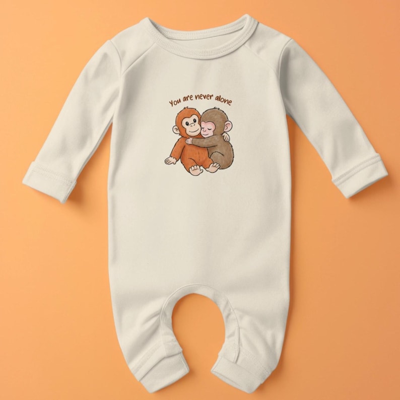 May include: Cream-colored baby onesie with long sleeves and a round neckline. The onesie features an illustration of two hugging monkeys with the text "You are never alone" above them. The monkeys are brown and orange.