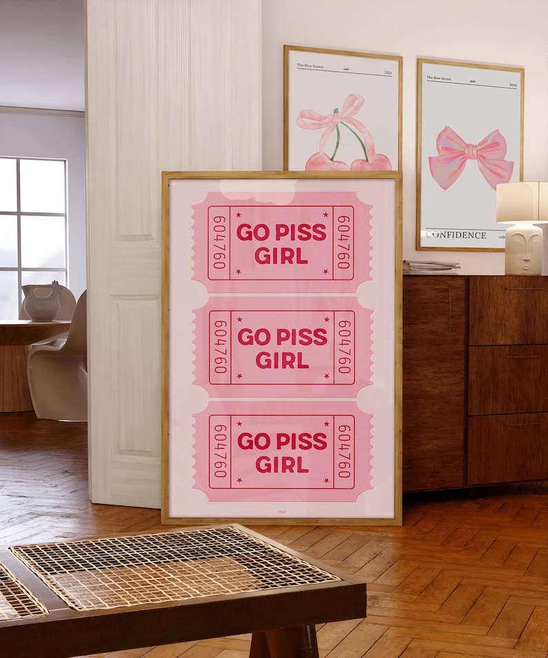 Go Piss Girl Ticket Poster Vintage Pink Bathroom Print Retro Wall Art