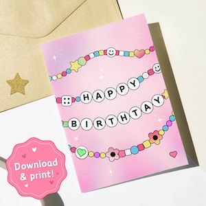 Afdrukbare verjaardagskaart, Happy BirthTay, vriendschapsarmbandkaart, tijdperkenkaart, digitaal bestand