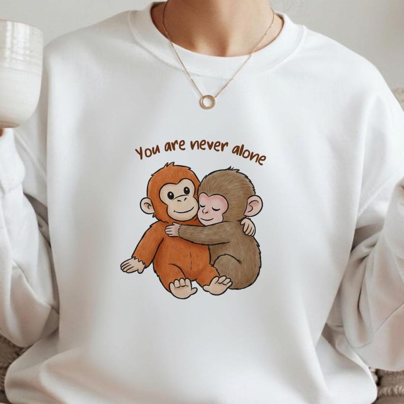 May include: White sweatshirt featuring a cartoon illustration of two hugging monkeys in shades of brown and orange. The text "You are never alone" is above the monkeys in brown lettering.