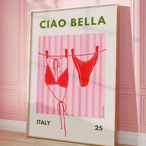 Bikini Print Pink Ciao Bella Beachy Wall Art Girly Coastal Aesthetic Poster Bikini on Clothesline Summer Digital Print Preppy Trendy Art