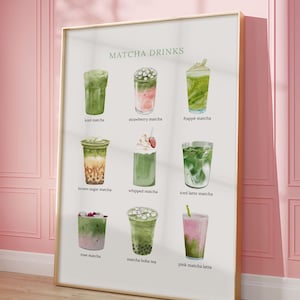 Matcha Drinks Watercolor Print, Iced Matha Latte Lover, Ceremonial Matcha Mornings, Cute Matcha Wall Art, Cafe Poster, Trendy Kitchen Decor