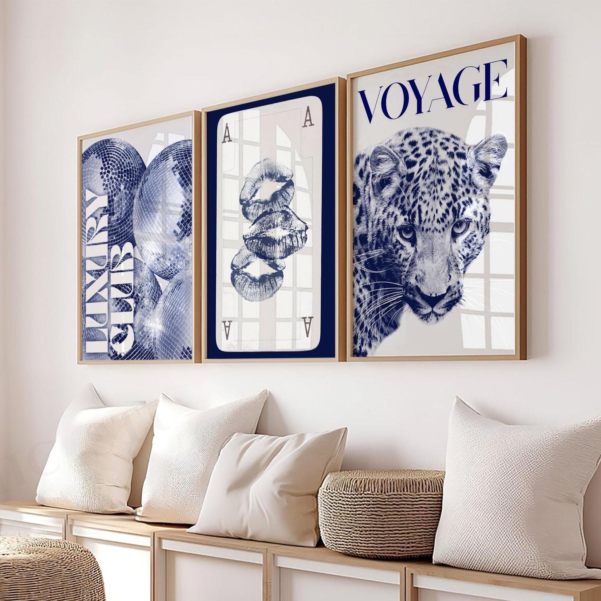 Navy Blue Leopard Gallery Wall Art Set of 3 Trendy Fashion Stylish Prints Decor Office Aesthetic Cool Wall Art Fashion Magazine Luxury Club