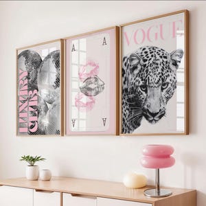 Pink Leopard Wall Art Set Black and White Gallery 3 Trendy Fashion Stylish Prints Decor Office Aesthetic Girly Wall Art Fashion Magazine