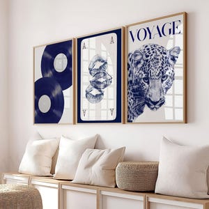 Puede incluir: Tres obras de arte enmarcadas. La primera presenta dos discos de vinilo azul oscuro. La segunda muestra una carta de juego con labios azules. La tercera muestra un leopardo con la palabra "VOYAGE". Todos están en marcos de madera.