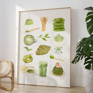 Puede incluir: Una ilustración de acuarela de varios dulces con temática de matcha, que incluyen galletas, pasteles, lattes y un batidor. La ilustración está sobre un fondo blanco con un borde verde claro.