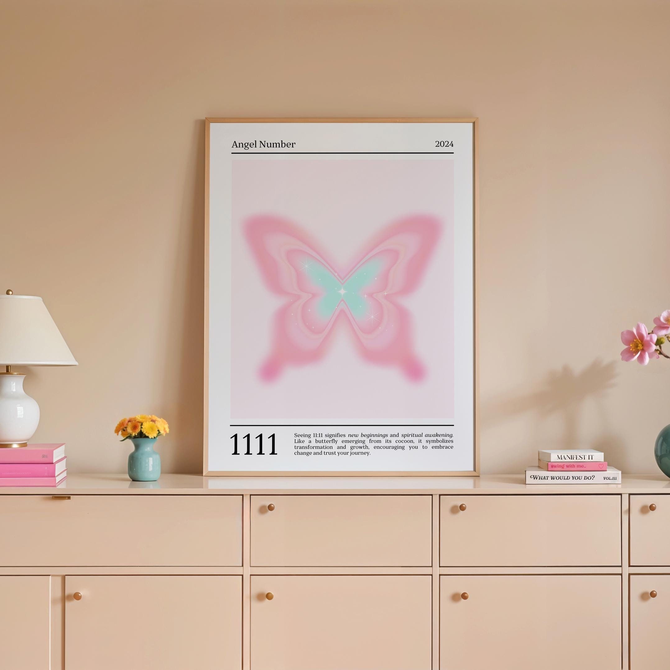 Angel Number 1111, Gradient Butterfly Pink Wall Art, Spiritual