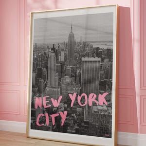 New York City Wall Art, NYC Print Poster, Retro New York Skyline Print, Trendy Wall Decor, Vintage Print, Girly Wall Art, Pink Travel Print