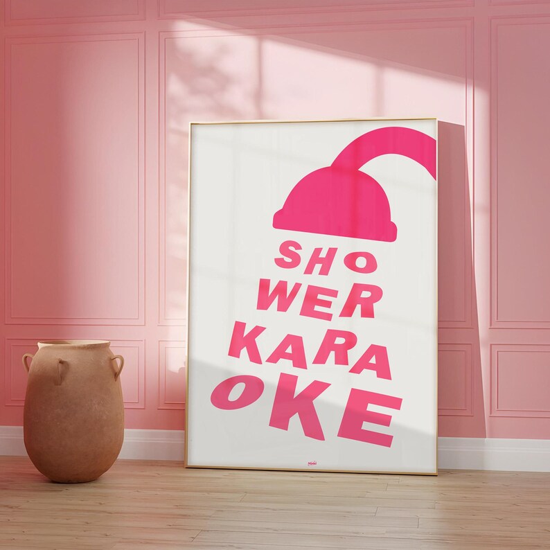 Shower Karaoke Bathroom Print Retro Hot Pink Wall Art Trendy Preppy